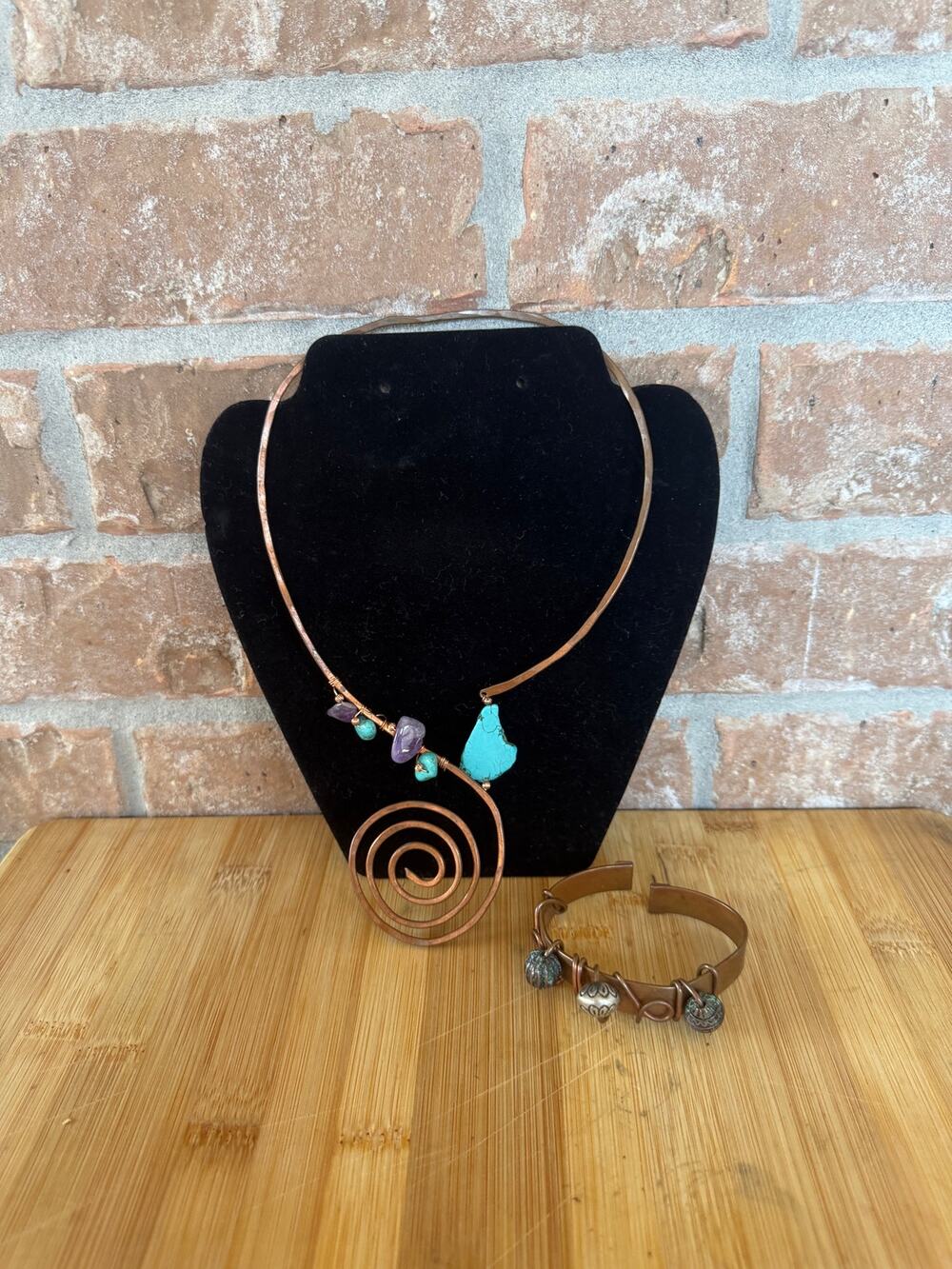 Handcrafted Copper Wire Wrapped Turquoise Necklace & Charm Cuff Bracelet Set